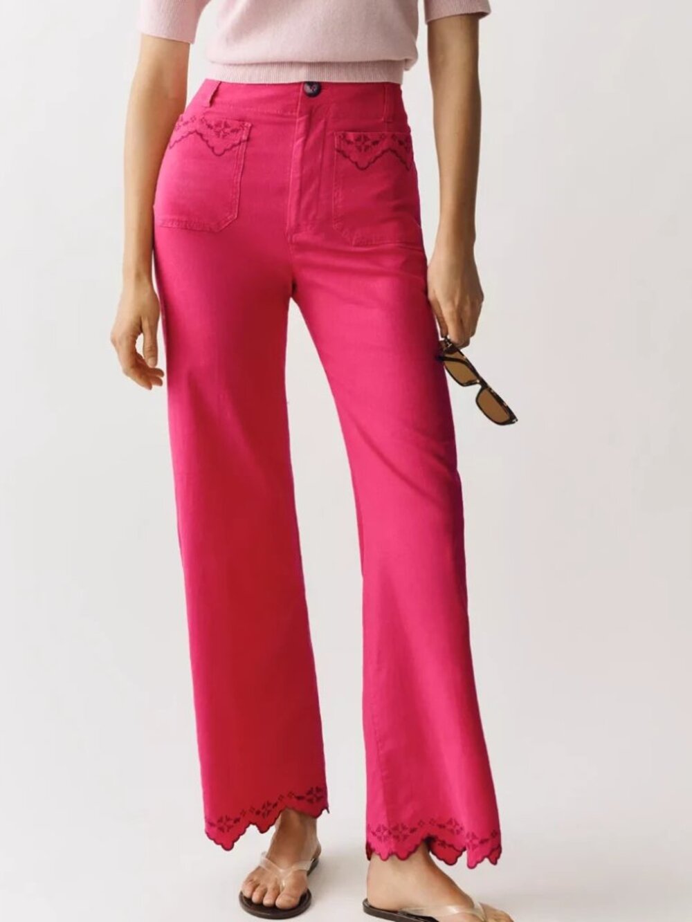 Anthropologie Maeve Colette Lace Trim Wide-Leg Full-Length Pants 24 NWT Pink